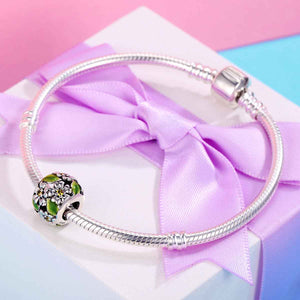 925 Sterling Silver Green Leaves and Flowers Charm