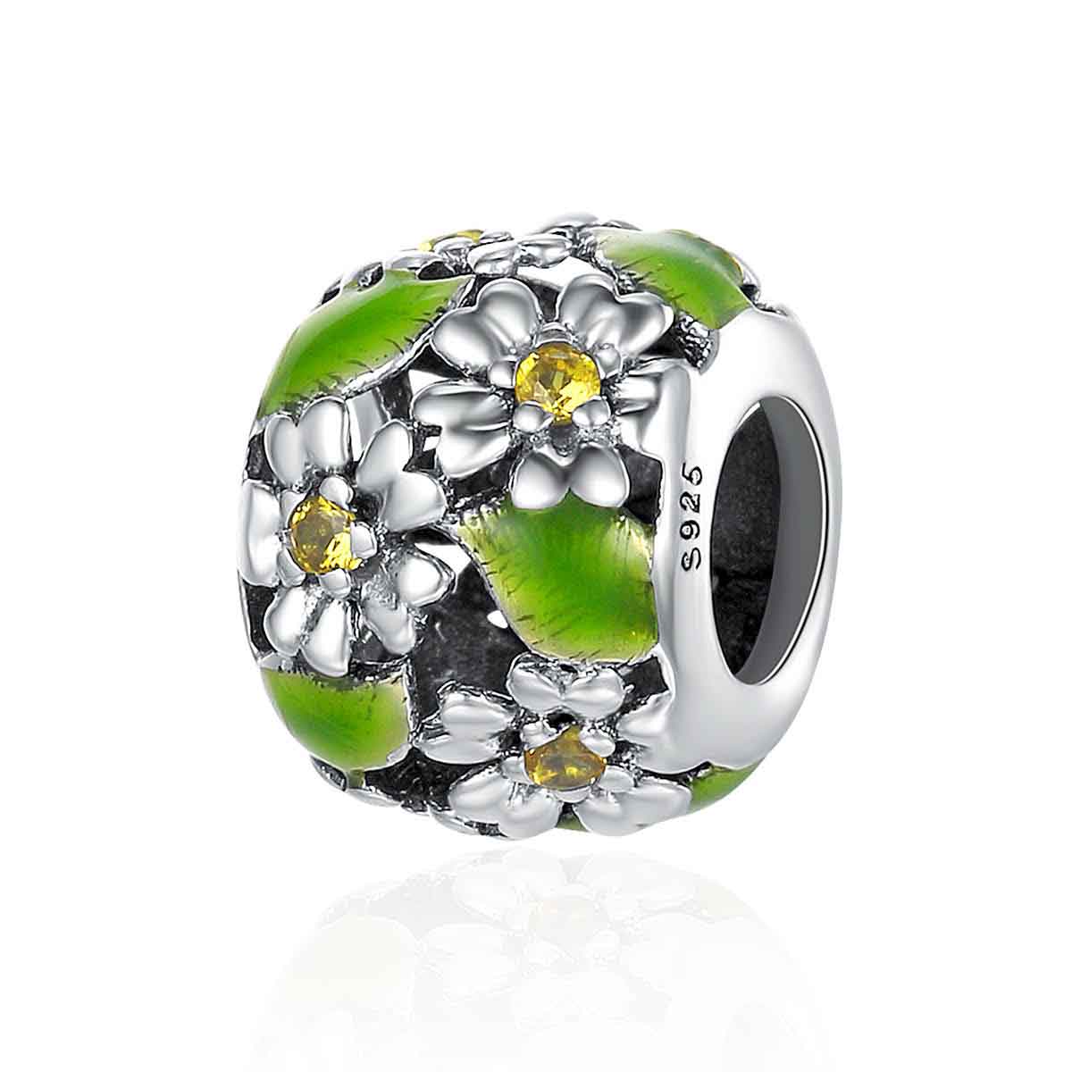 925 Sterling Silver Green Leaves and Flowers Charm