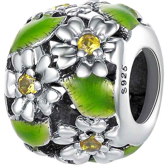 925 Sterling Silver Green Leaves and Flowers Charm