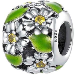 925 Sterling Silver Green Leaves and Flowers Charm