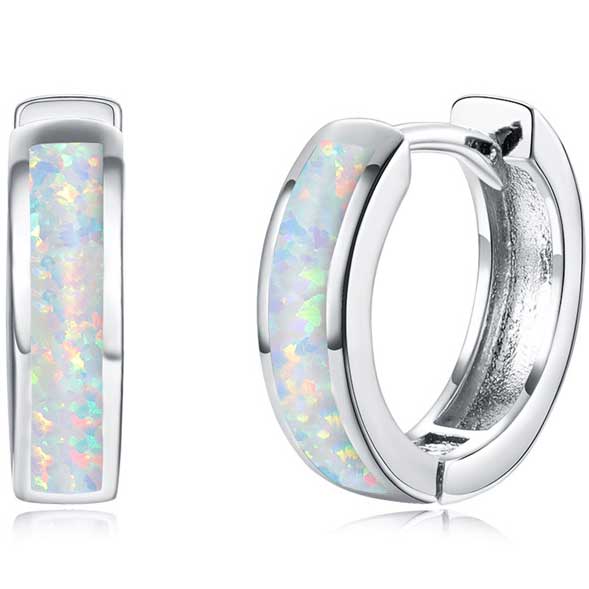 925 Sterling Silver Opal Huggie Earrings "Ankara" (White)