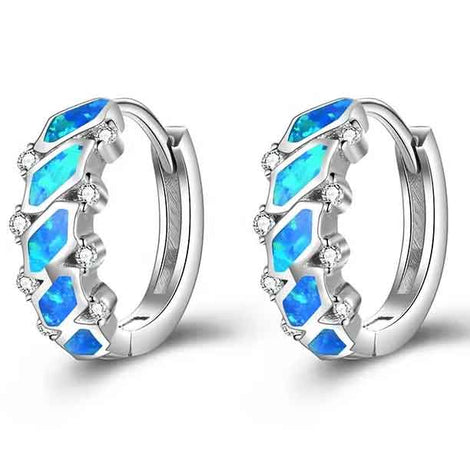 silver blue opal huggie earrings