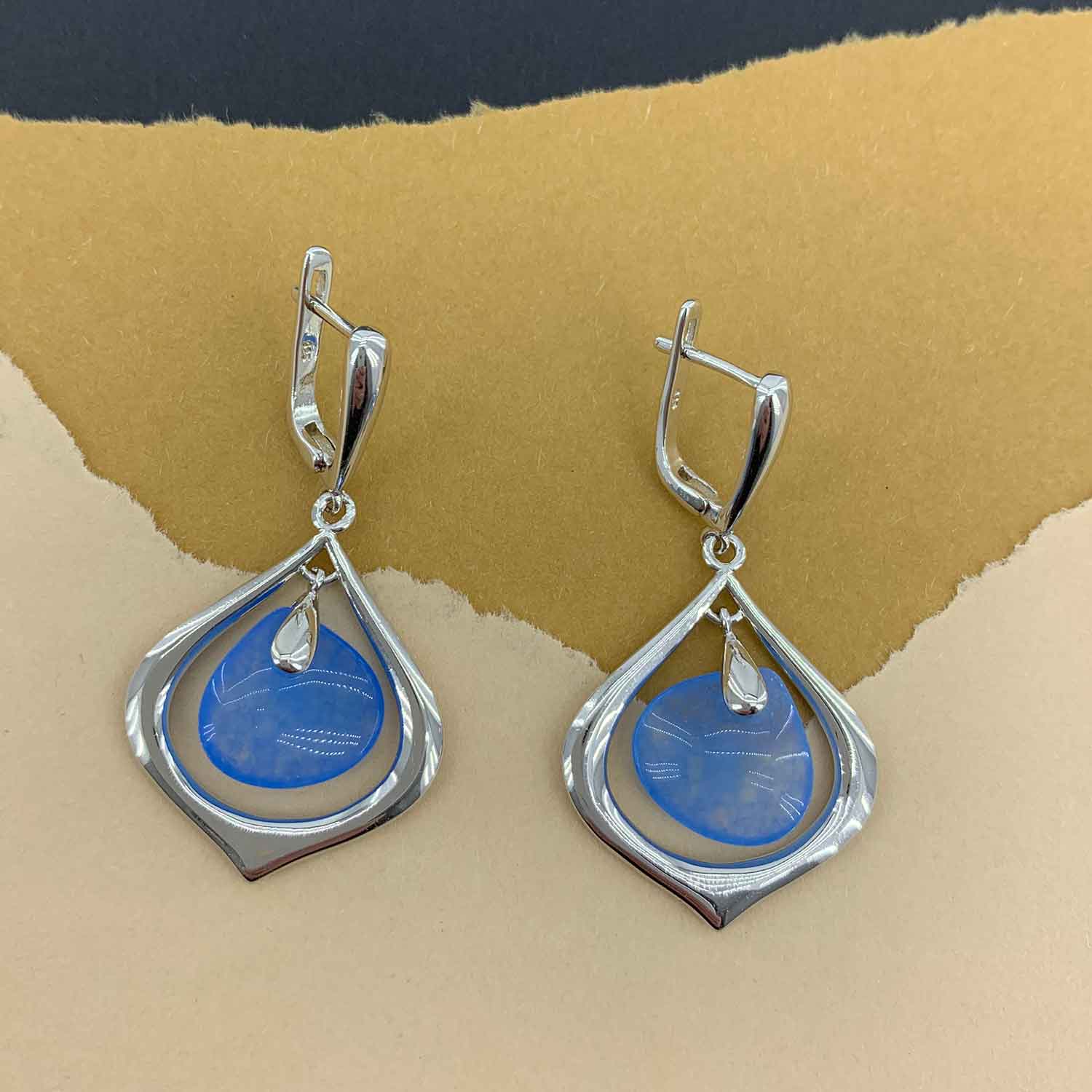 925 Sterling Silver Drop Earrings with Blue Zirconium Stone "Atasi"