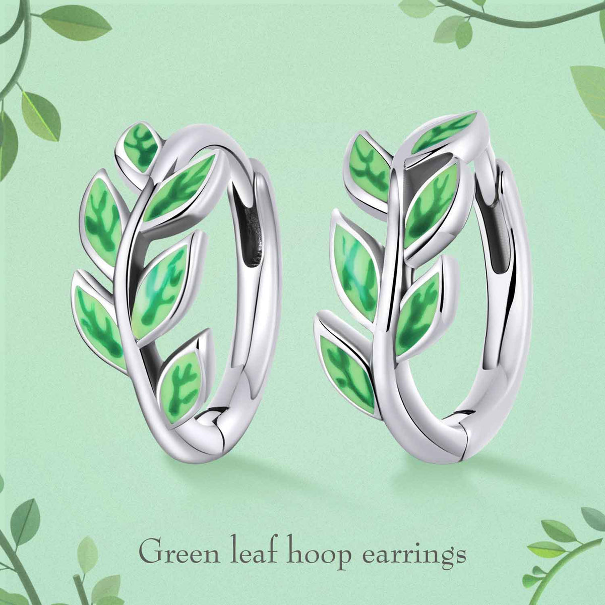 925 Sterling Silver Hoop Green Leaf Earrings "Beryl"