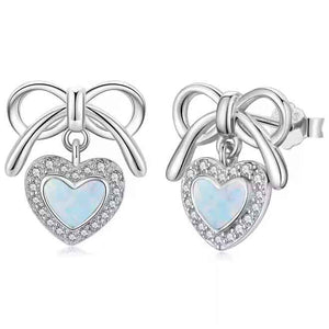 silver bow heart opal earrings