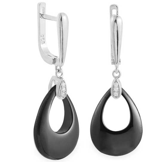 925 Sterling Silver Drop Earrings with Black Zirconium Ceramic Stone "Caledonia"
