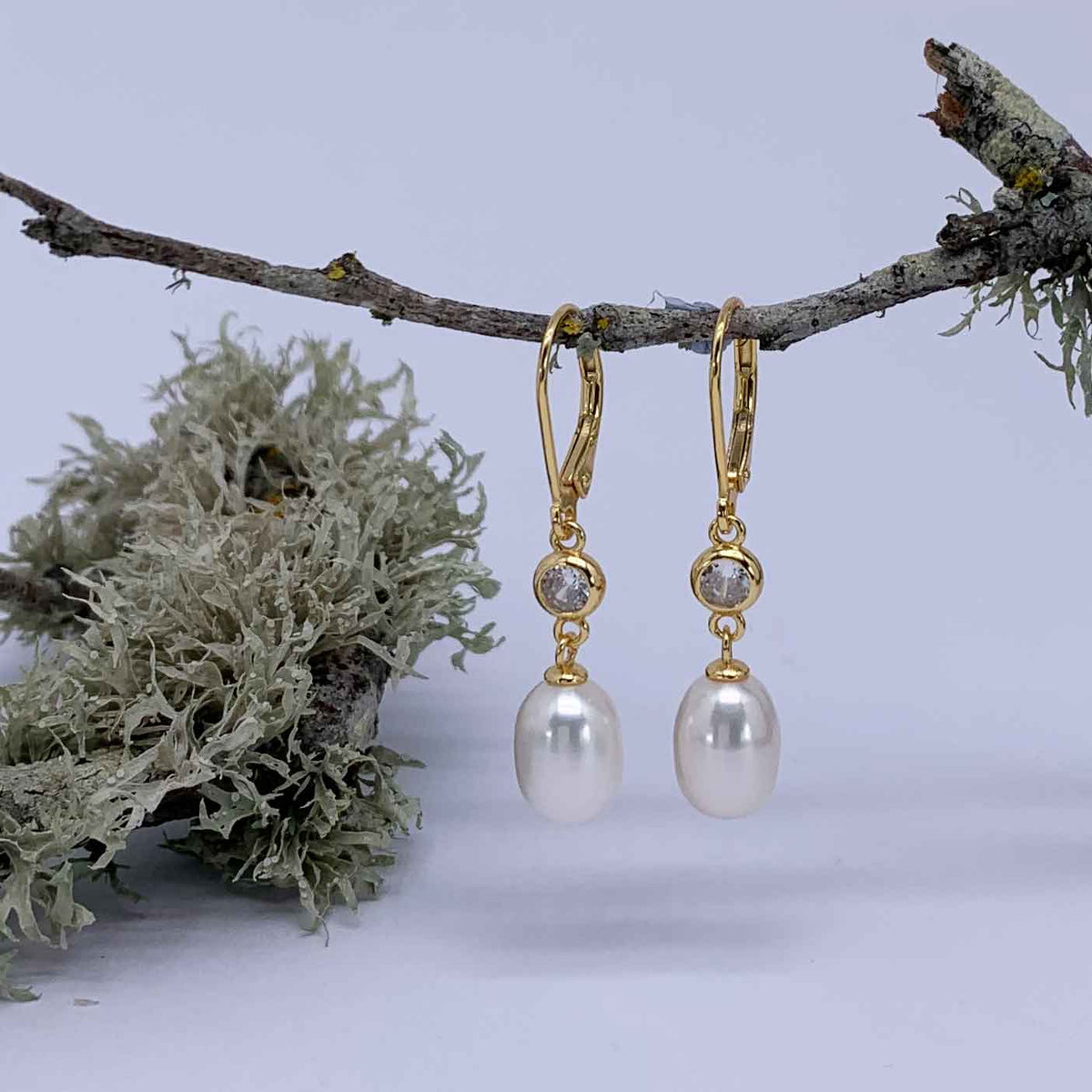 18K Gold Drop Crystal and Pearl Earrings "Cheryl"