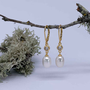 18K Gold Drop Crystal and Pearl Earrings "Cheryl"