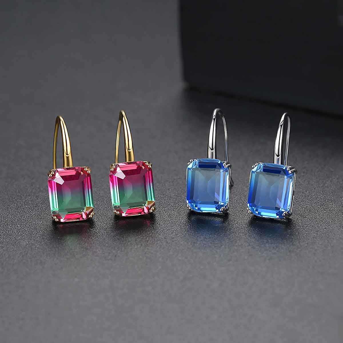 18K White Gold Square Crystal Earrings "Cidra" (Blue)