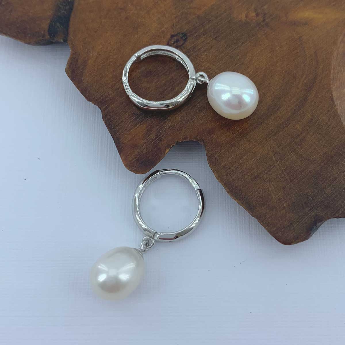925 Sterling Silver Freshwater Pearl Huggie Earrings  "Eleanora" (White)