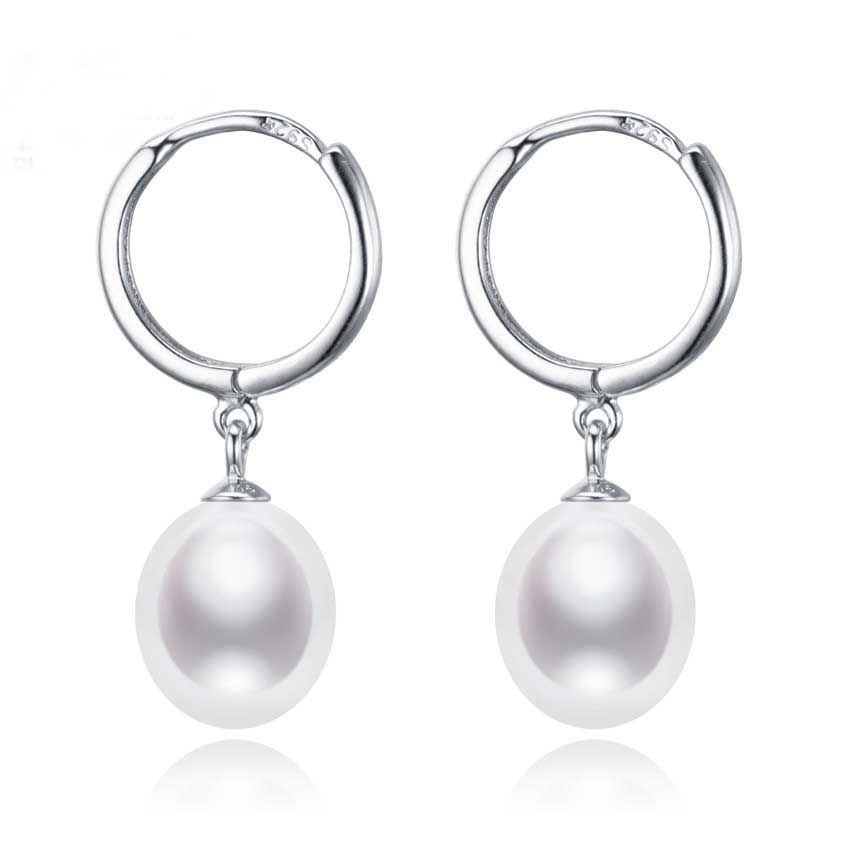 925 Sterling Silver Freshwater Pearl Huggie Earrings  "Eleanora" (White)