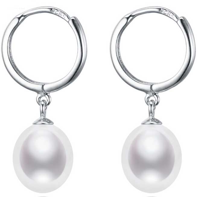 925 Sterling Silver Freshwater Pearl Huggie Earrings  "Eleanora" (White)