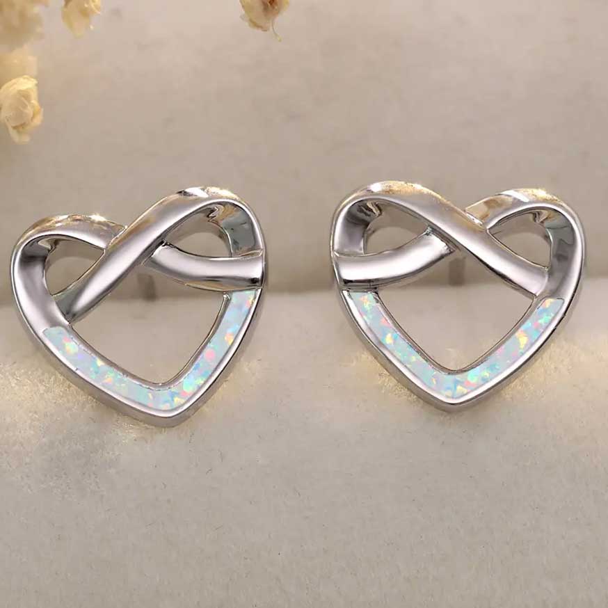 Silver Opal Infinity Heart Stud Earrings "Elspeth" (white)