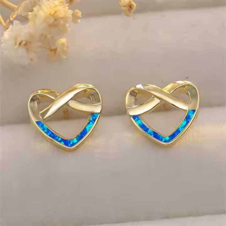 Gold Opal Infinity Heart Stud Earrings "Elspeth" (Blue)