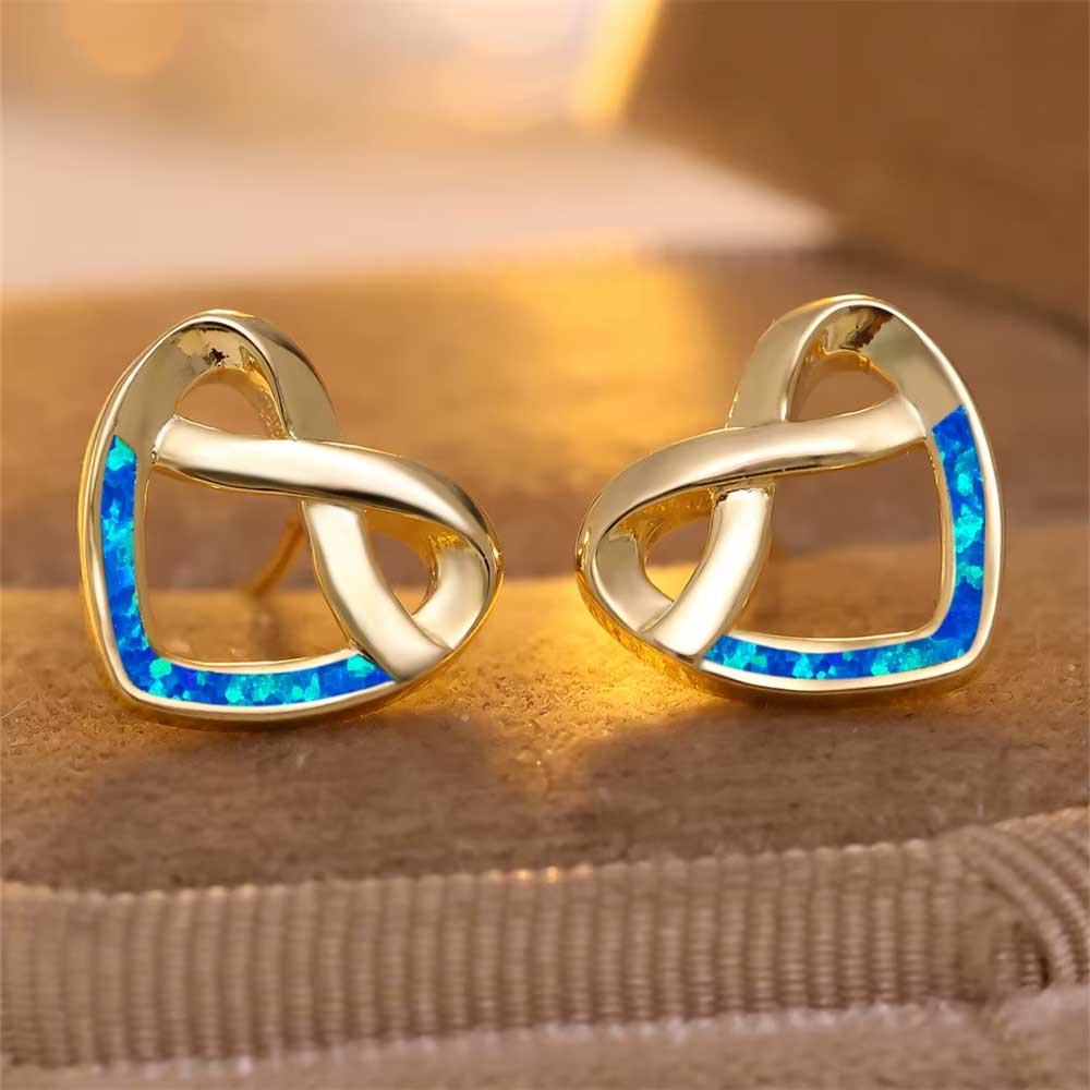 Gold Opal Infinity Heart Stud Earrings 