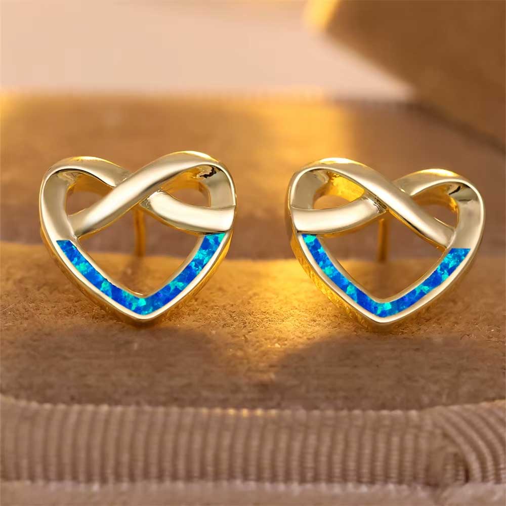 Gold Opal Infinity Heart Stud Earrings 