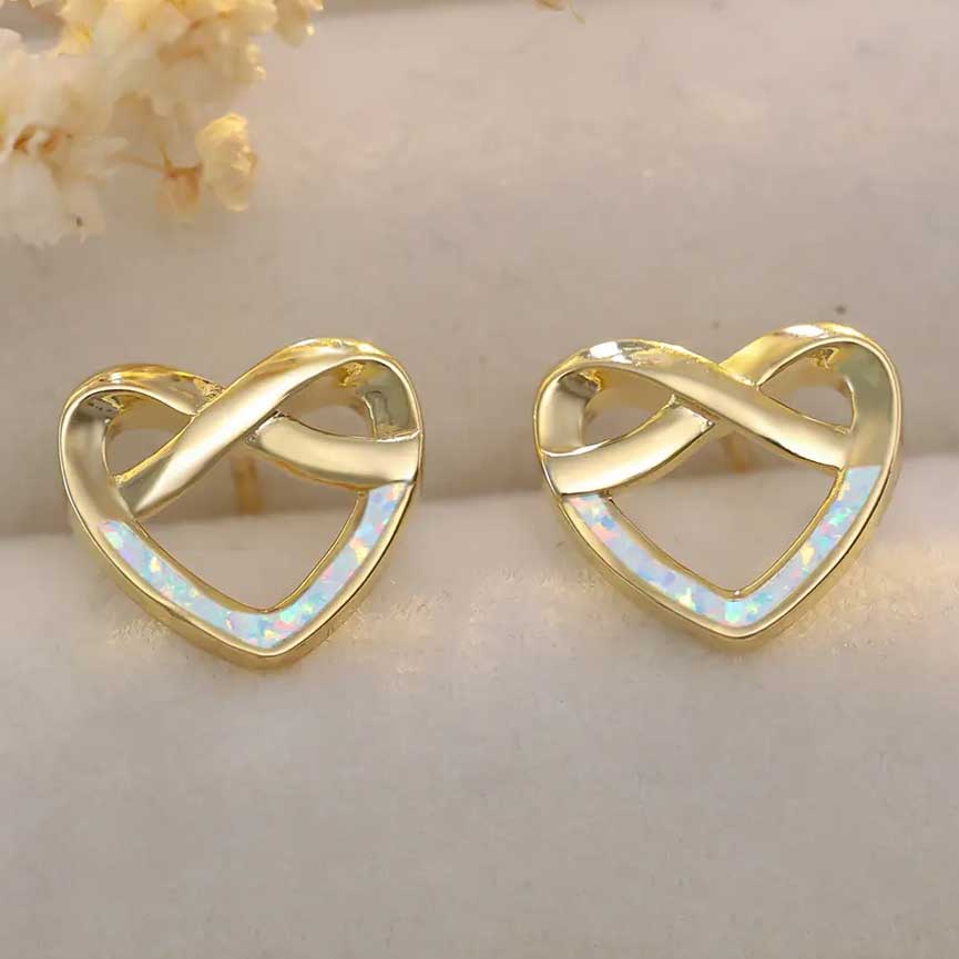 Gold Opal Infinity Heart Stud Earrings "Elspeth" (White)