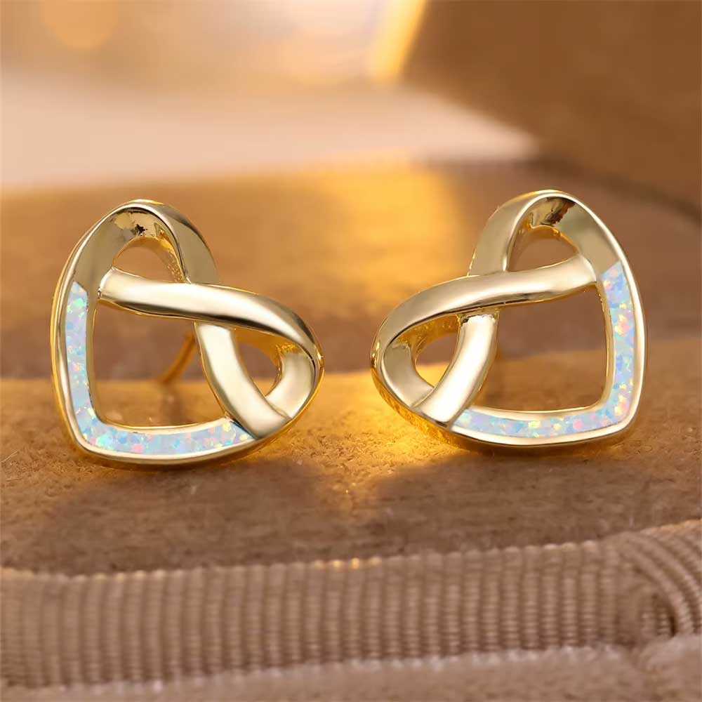 Gold Opal Infinity Heart Stud Earrings "Elspeth" (White)