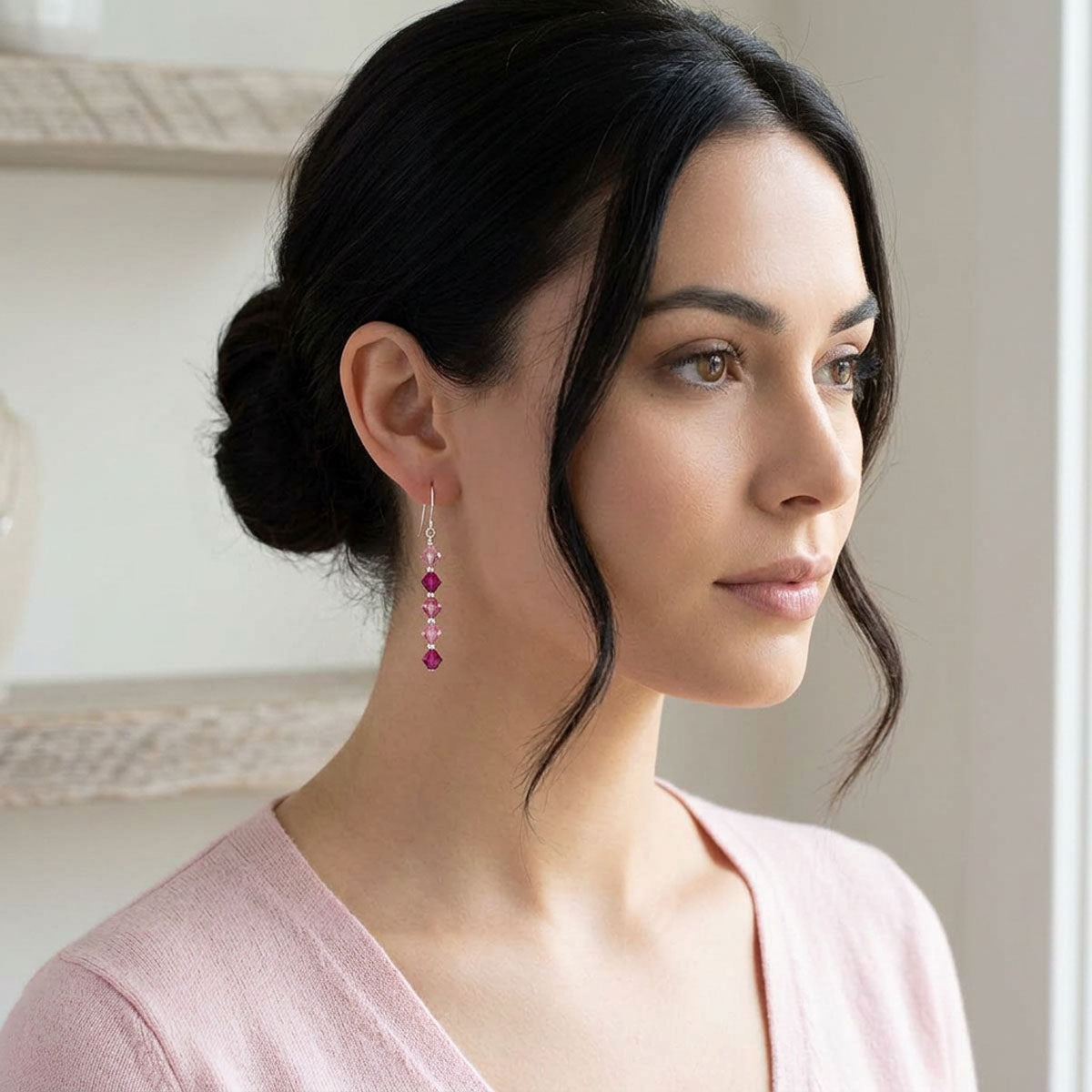 silver pink dangle swarovski crystal earrings for women frenelle jewellery