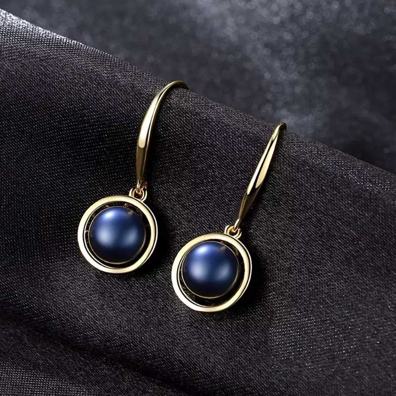 18K Gold Dangle Black Pearl Earrings "Giselle"