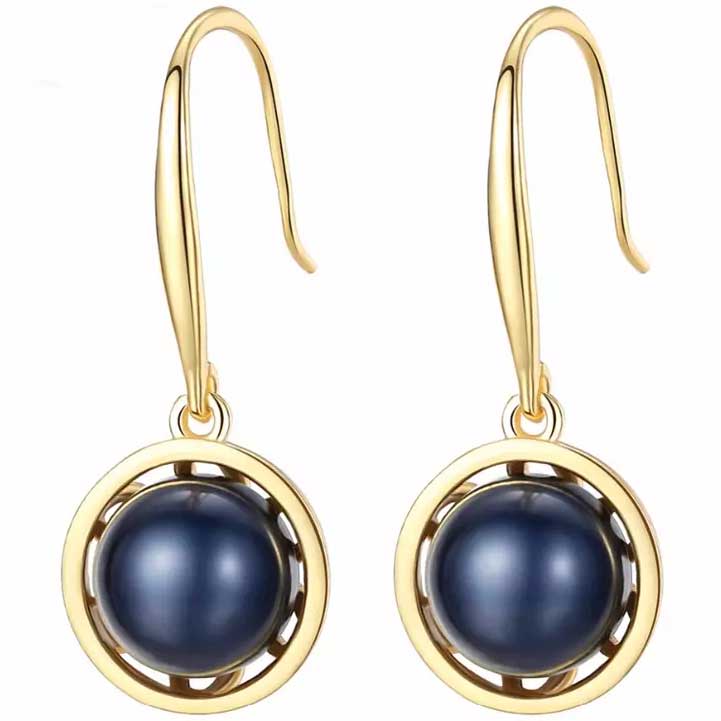 18K Gold Dangle Black Pearl Earrings "Giselle"