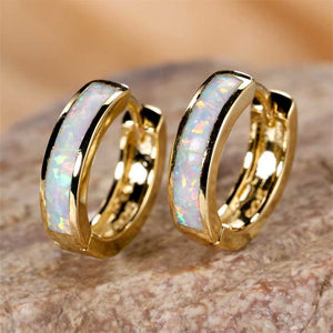 gold opal huggie earrings white