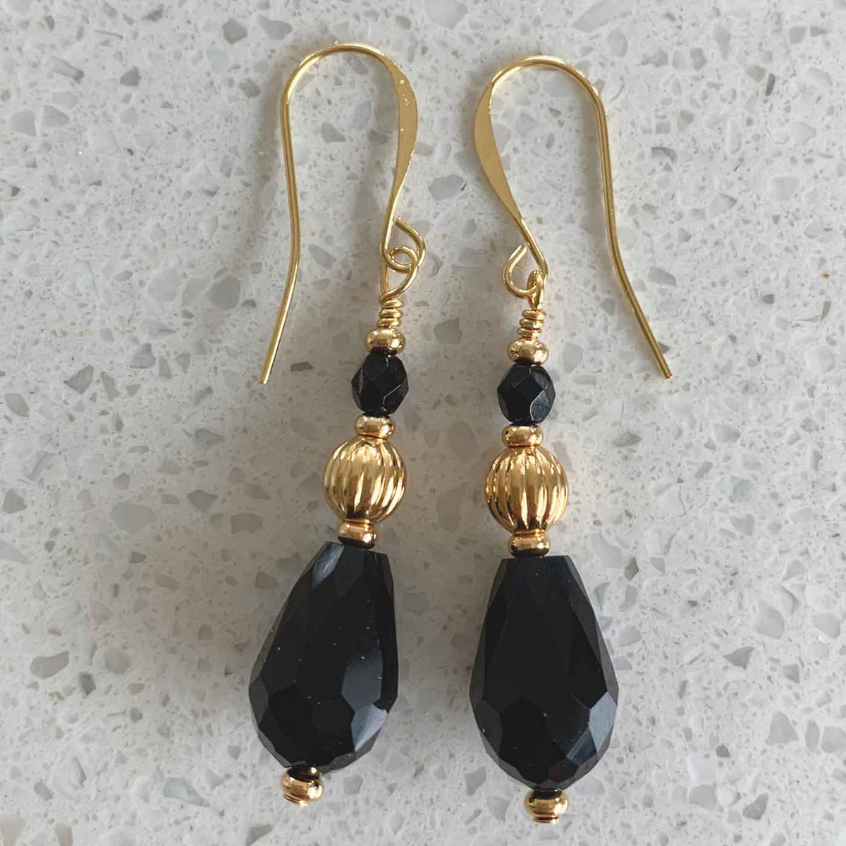 Black Drop Earrings with Gold beads "Lynette"