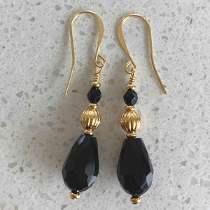 Black Drop Earrings with Gold beads "Lynette"