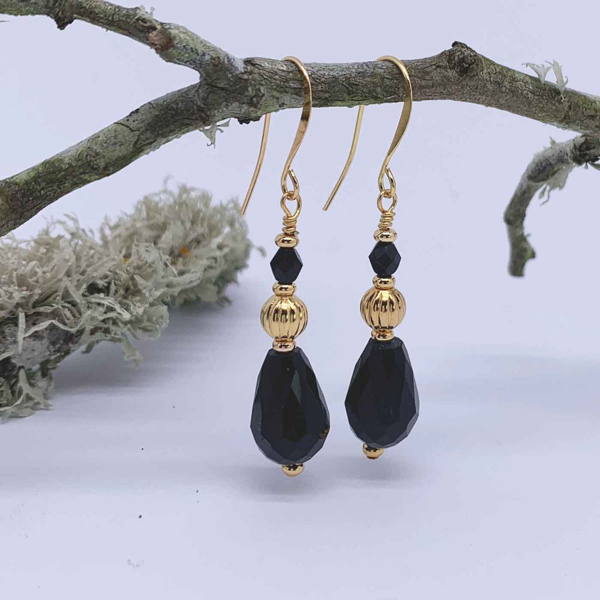 Black Drop Earrings with Gold beads "Lynette"