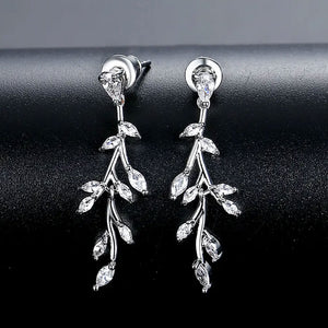 silver crystal leaf earrings drop