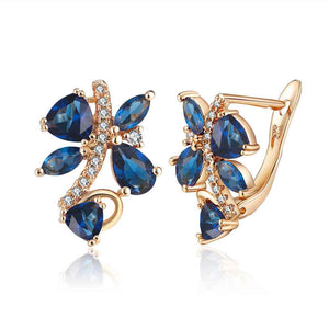 Rose Gold Huggie Leaf Shape Earrings with Blue CZ Diamonds "Melody"