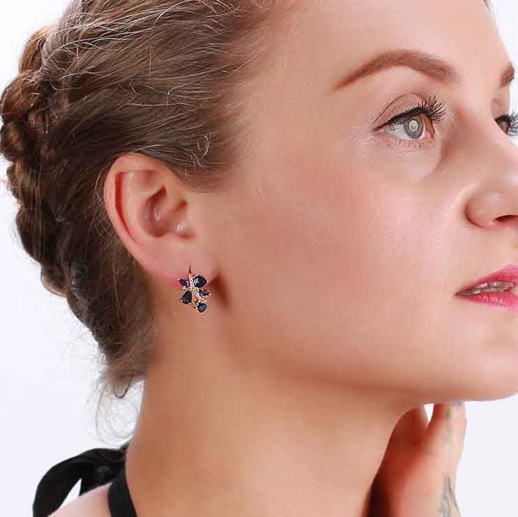 Rose Gold Huggie Leaf Shape Earrings with Blue CZ Diamonds "Melody"