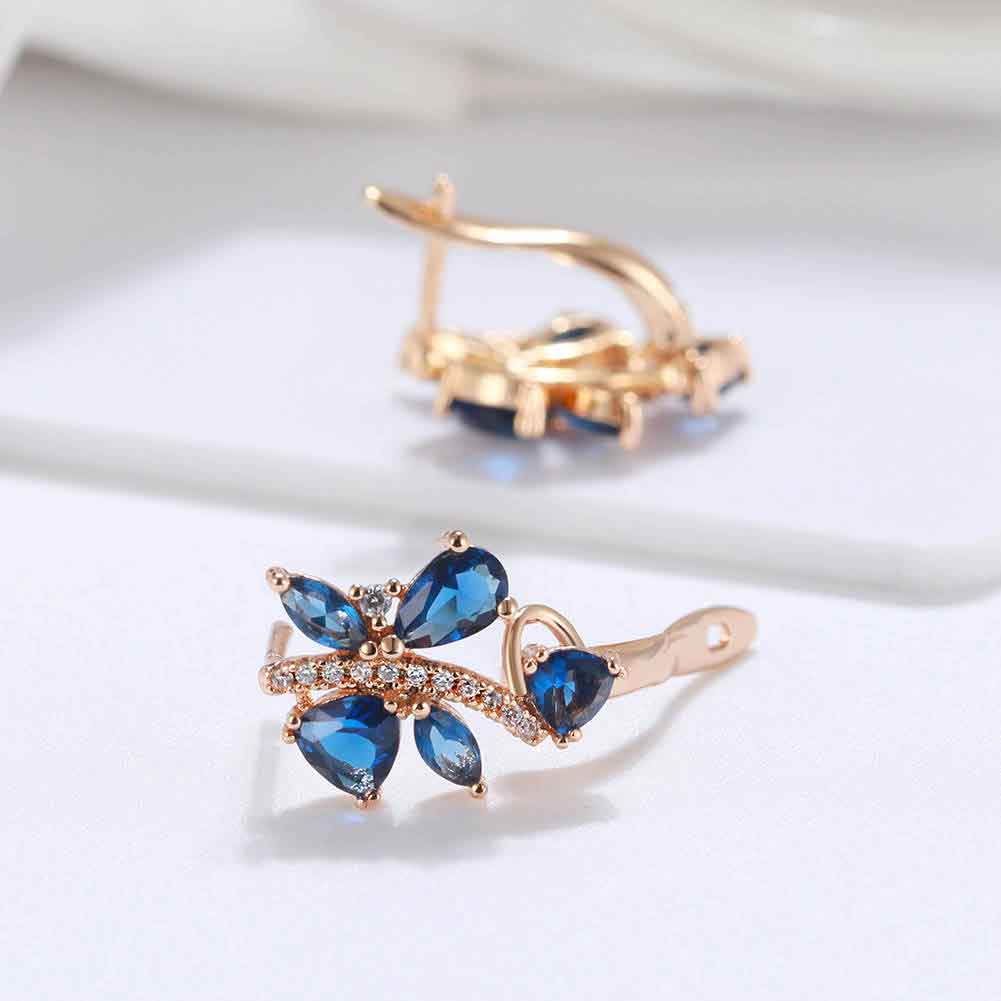 Rose Gold Huggie Leaf Shape Earrings with Blue CZ Diamonds "Melody"