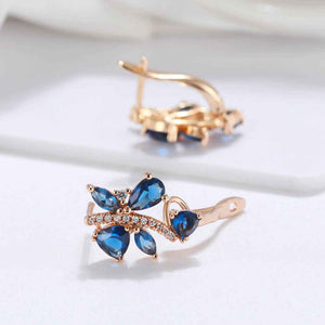 Rose Gold Huggie Leaf Shape Earrings with Blue CZ Diamonds "Melody"