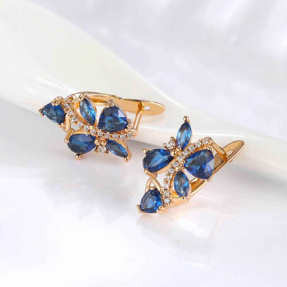Rose Gold Huggie Leaf Shape Earrings with Blue CZ Diamonds "Melody"