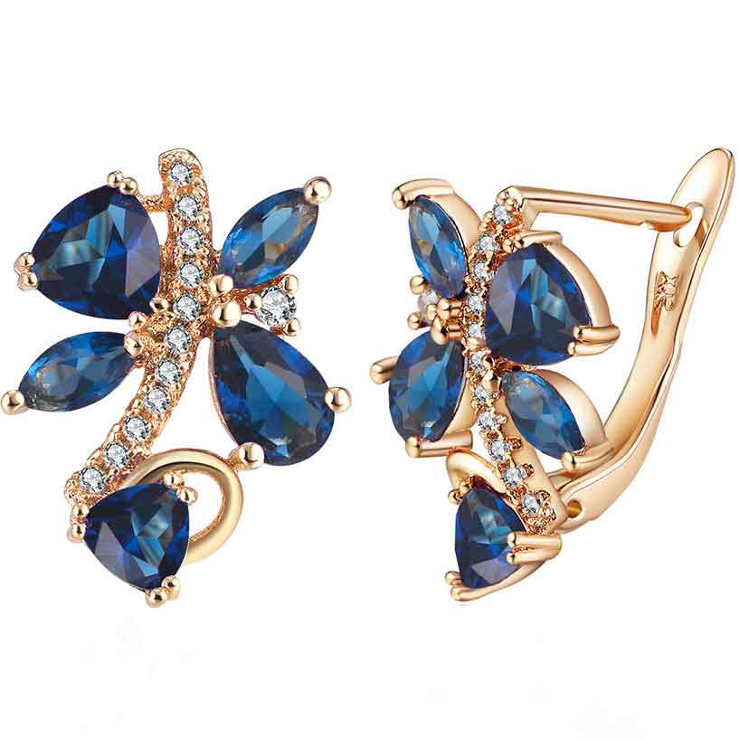 Rose Gold Huggie Leaf Shape Earrings with Blue CZ Diamonds "Melody"