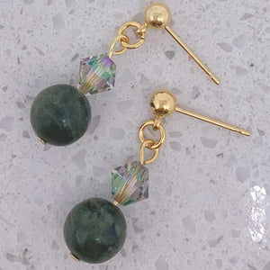 Gold Crystal Drop Earrings "Midori" (Green Jade)