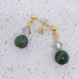 Gold Crystal Drop Earrings "Midori" (Green Jade)