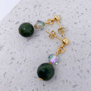 Gold Crystal Drop Earrings "Midori" (Green Jade)