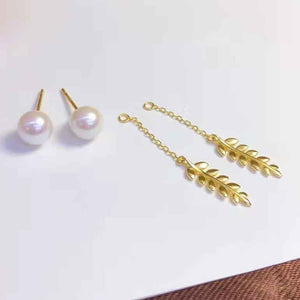 Gold Stud Pearl Earrings with hanging leaf "Nirilla"