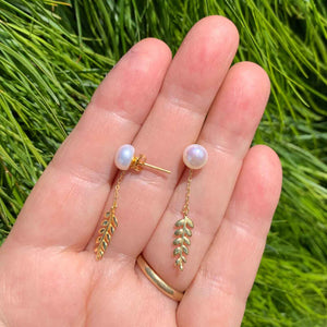Gold Stud Pearl Earrings with hanging leaf "Nirilla"