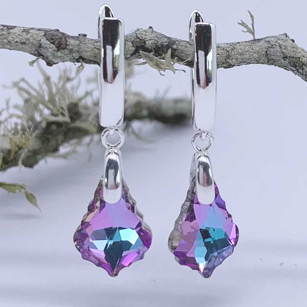 Silver Drop Huggie Crystal Earrings "Orlondo" (Blue-Pink)