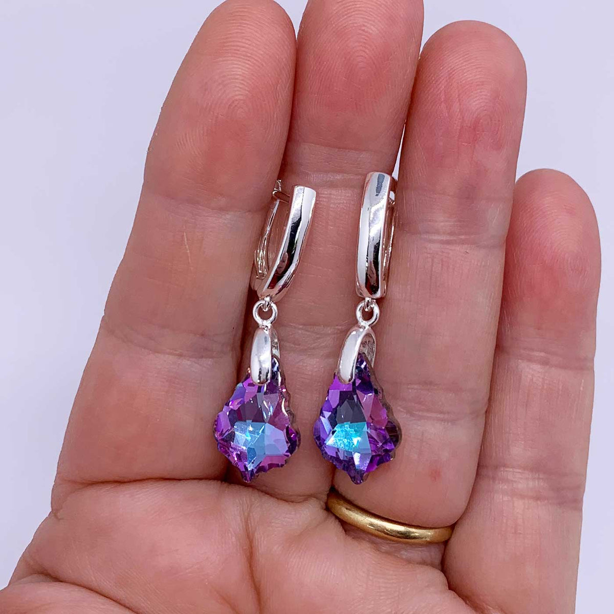 Silver Drop Huggie Crystal Earrings "Orlondo" (Blue-Pink)