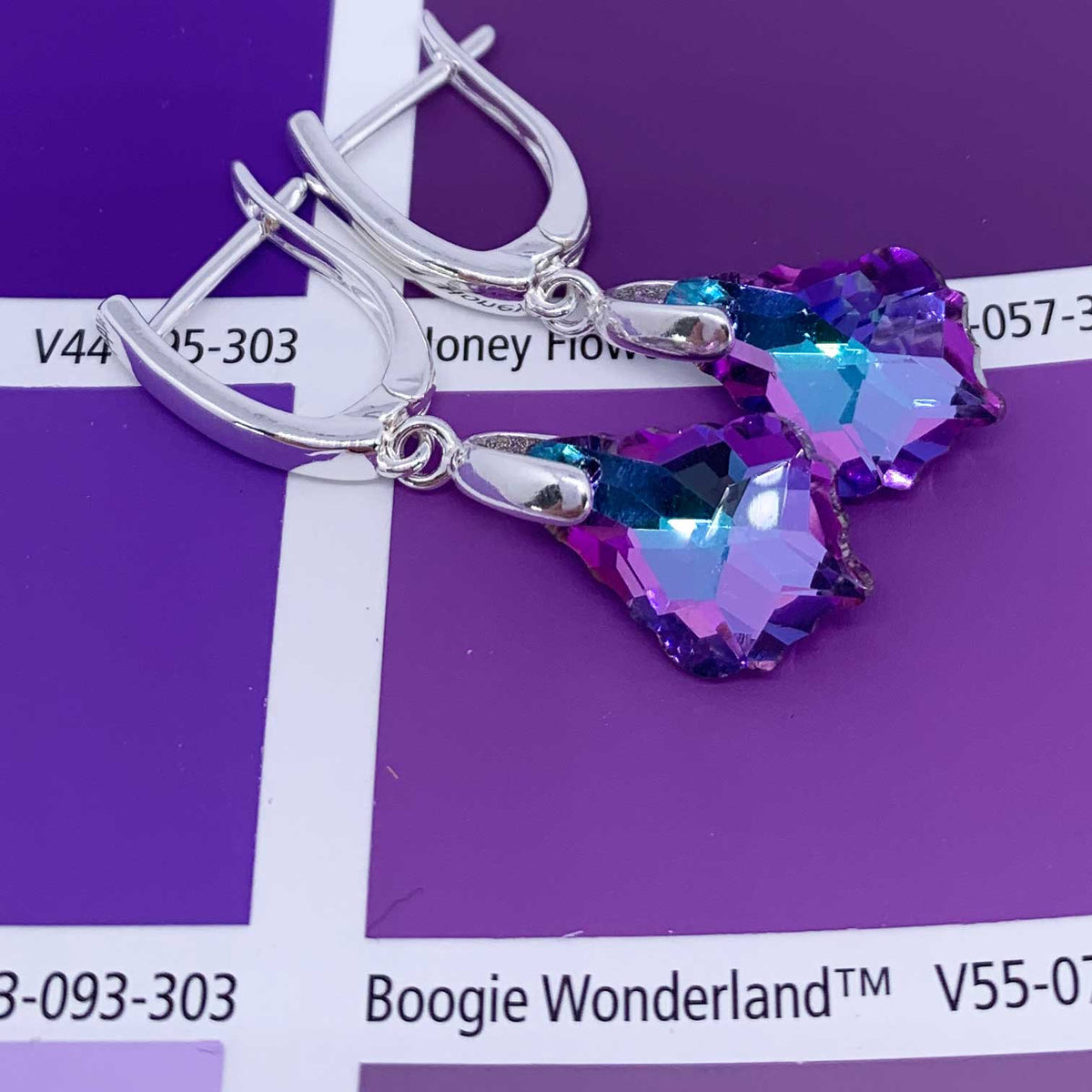 Silver Drop Huggie Crystal Earrings "Orlondo" (Blue-Pink)