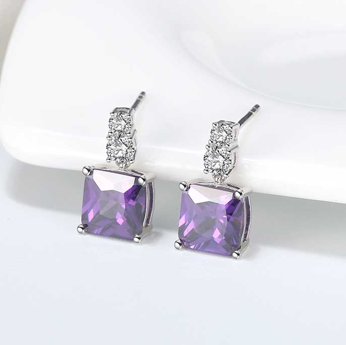 925 Sterling Silver CZ Diamond Earrings "Rajan" (Amethyst)