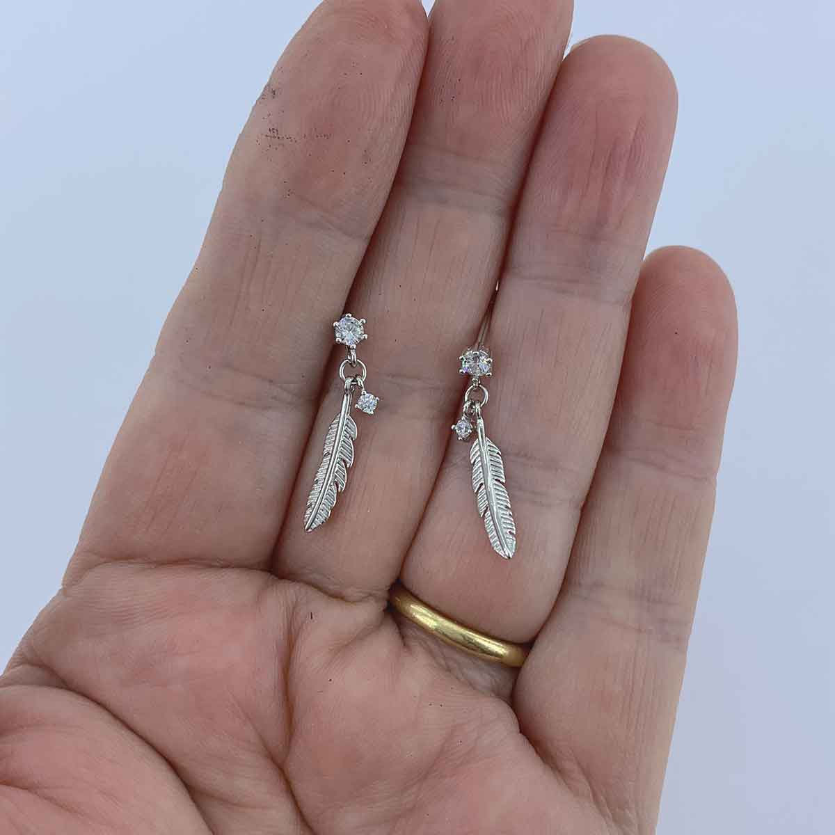 925 Sterling Silver Feather Drop Earrings "Raven" (Crystal)