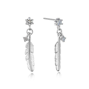 925 Sterling Silver Feather Drop Earrings "Raven" (Crystal)