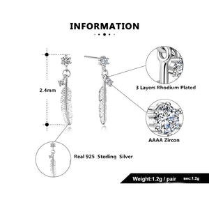 925 Sterling Silver Feather Drop Earrings "Raven" (Crystal)