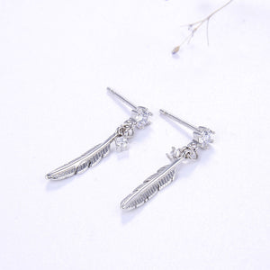 925 Sterling Silver Feather Drop Earrings "Raven" (Crystal)