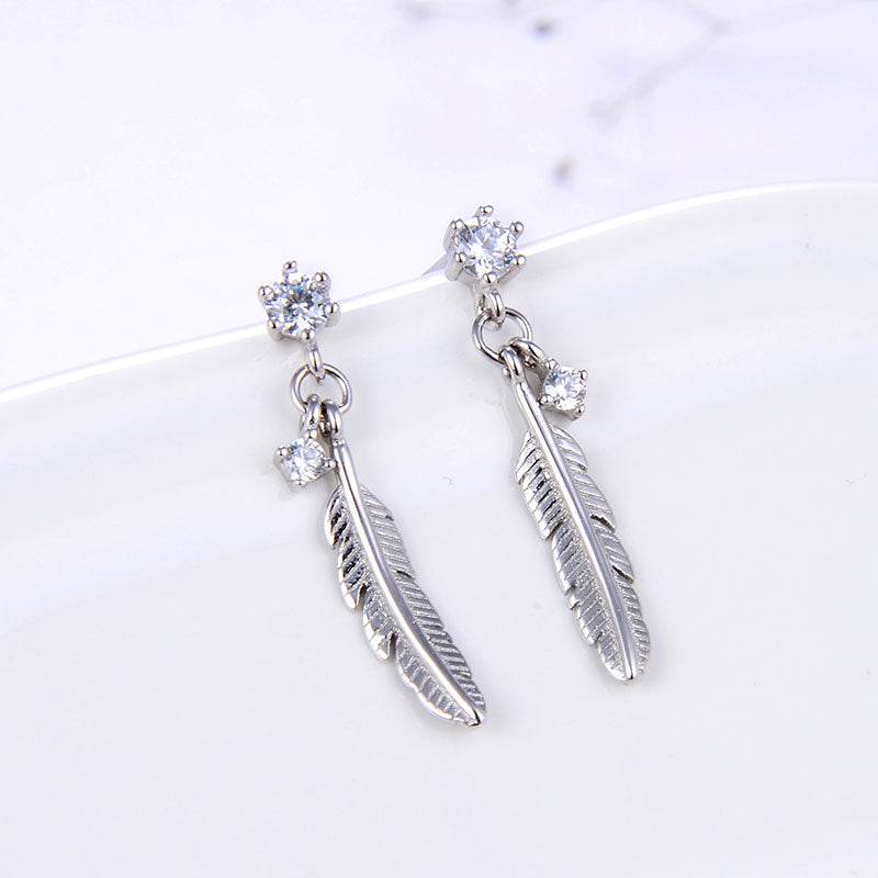 925 Sterling Silver Feather Drop Earrings "Raven" (Crystal)